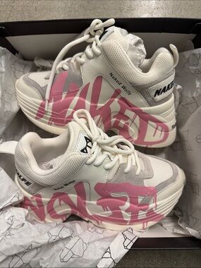 Naked Wolfe White Sneakers with Pink Graffiti Accent